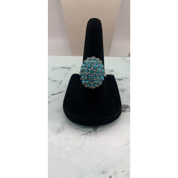 Aqua Blue Crystal Rhinestones Adjustable Silver Tone Alloy Ring - 6 - Picture 2 of 4